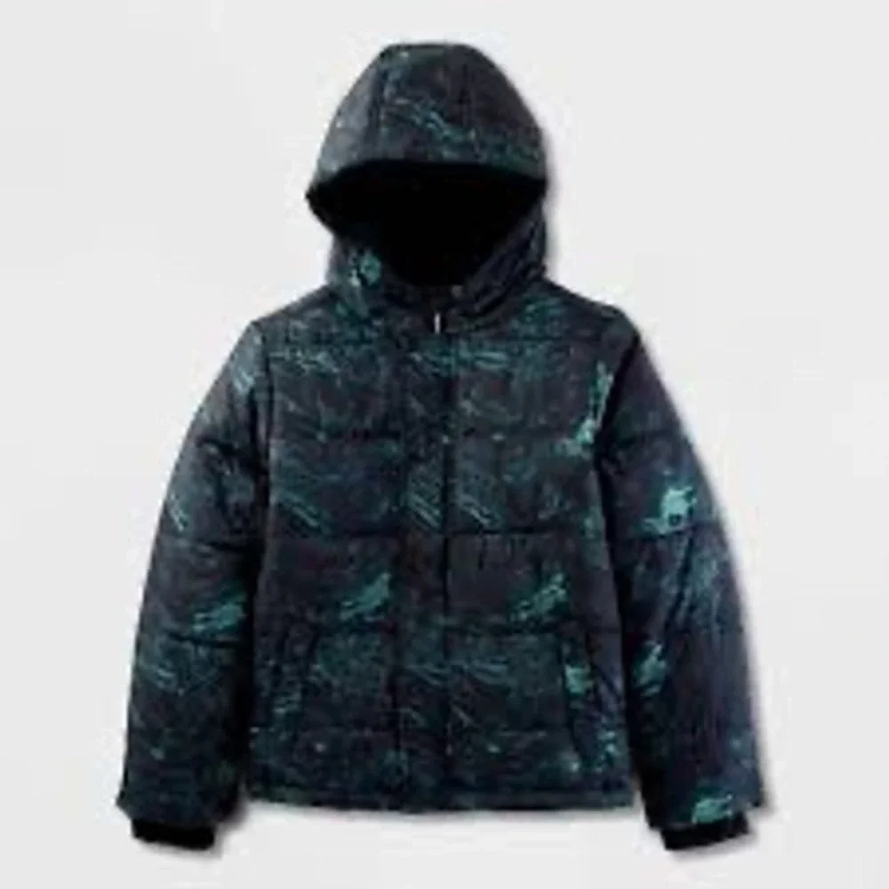 Cat & Jack Boys Blue Green Marble Print Puffer Jacket Hooded Coat Size M 8